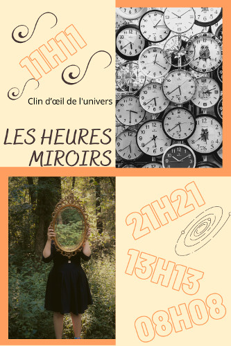 les heures miroirs : 11h11, 21h21, 13h13, 08h08, horloge et jeune fille en foret avec un miroir ancien sur son visage